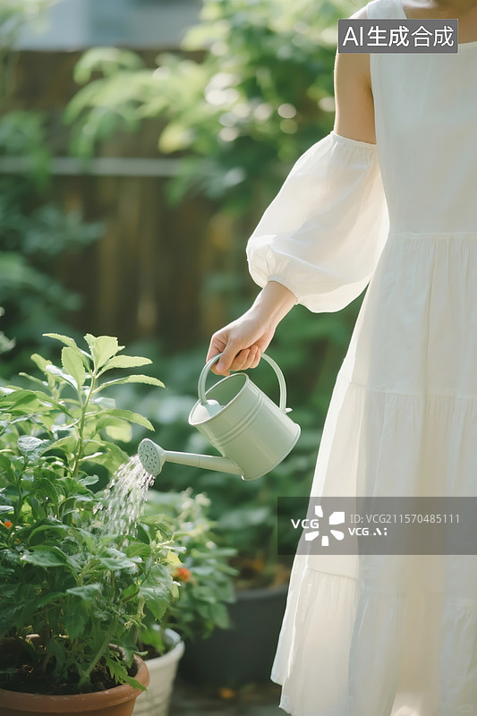 【AI数字艺术】绿植小院，一个女人手拿洒水壶浇花图片素材