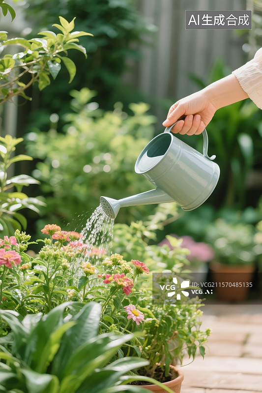 【AI数字艺术】绿植小院，一个女人手拿洒水壶浇花图片素材
