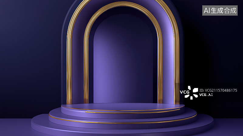 【AI数字艺术】紫色背景下的金色拱门与圆台图片素材