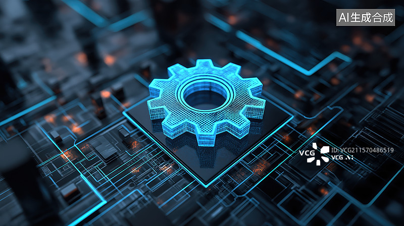 【AI数字艺术】电路板上的发光齿轮图案图片素材