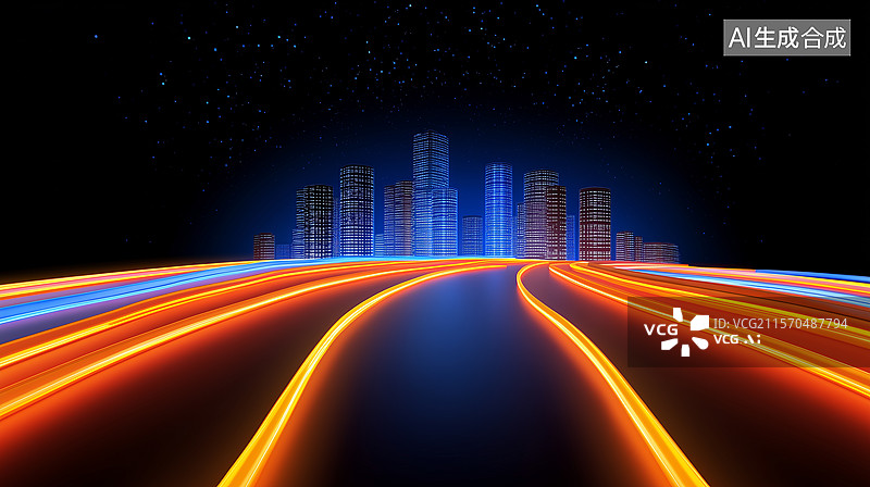 【AI数字艺术】炫彩光线城市道路夜景插画图片素材