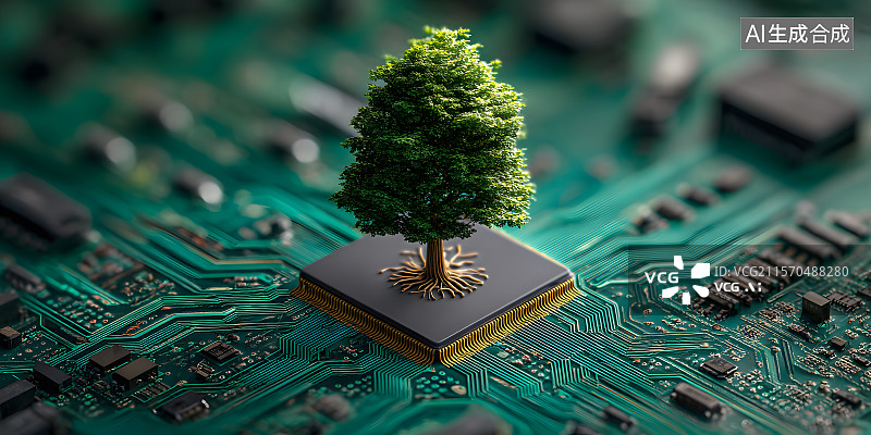 【AI数字艺术】绿树芯片共生图片素材
