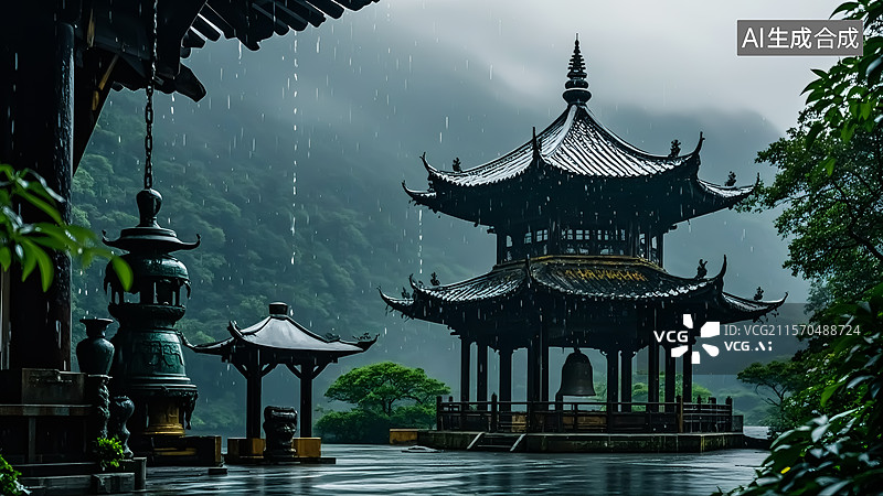 【AI数字艺术】春天雨水古建筑三维插画图片素材