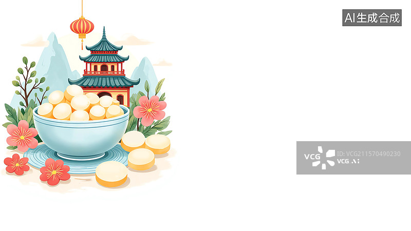 【AI数字艺术】中式建筑前盛有汤圆的碗2D卡通左上图片素材