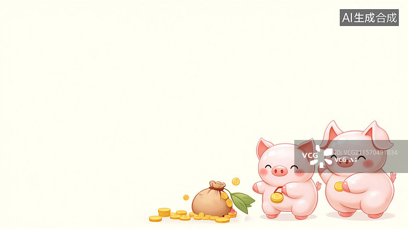 【AI数字艺术】两只可爱小猪依偎在金币袋上2D卡通右下图片素材