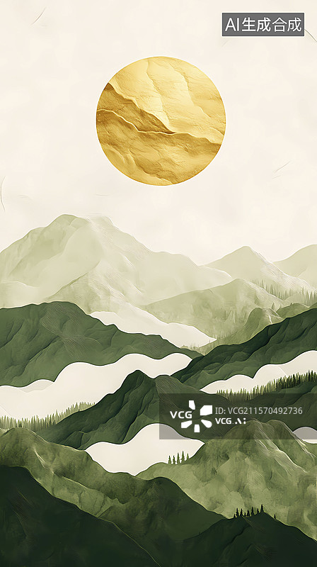【AI数字艺术】传统中国绿白色抽象山脉纹理插画海报背景图片素材