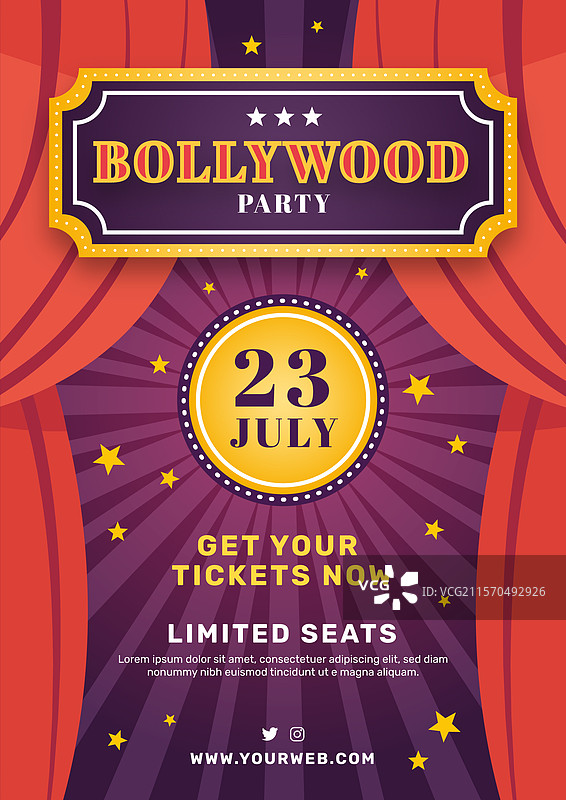 宝莱坞派对海报模板，带舞台帷幕图片素材