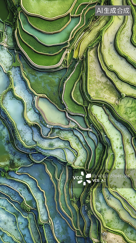 【AI数字艺术】传统中国蓝绿色稻田波浪纹理插画海报背景图片素材