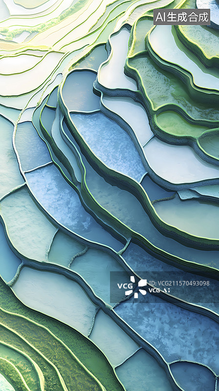【AI数字艺术】传统中国蓝绿色稻田波浪纹理插画海报背景图片素材