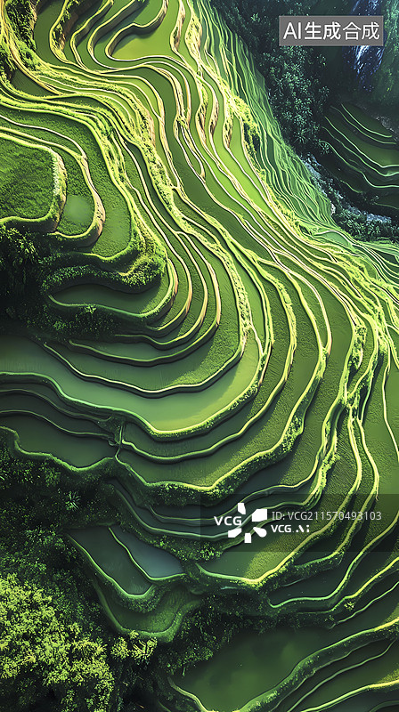 【AI数字艺术】传统中国蓝绿色稻田波浪纹理插画海报背景图片素材