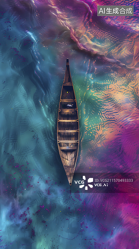 【AI数字艺术】蓝粉色彩虹湖中小船油画插画海报背景图片素材