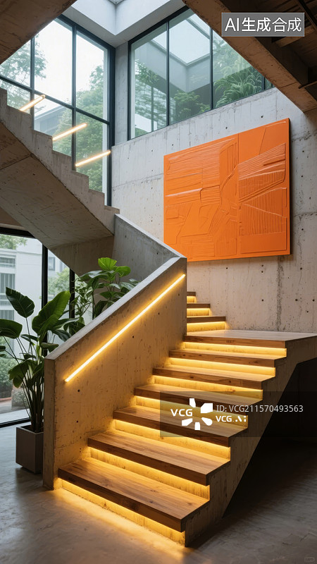 【AI数字艺术】现代楼梯与橙色艺术装置图片素材