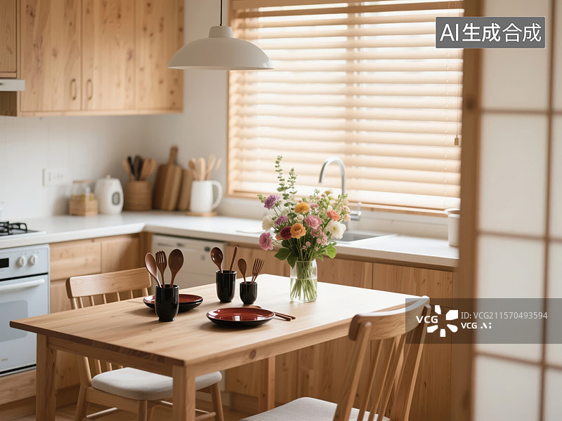 【AI数字艺术】温馨的木质厨房与餐桌图片素材