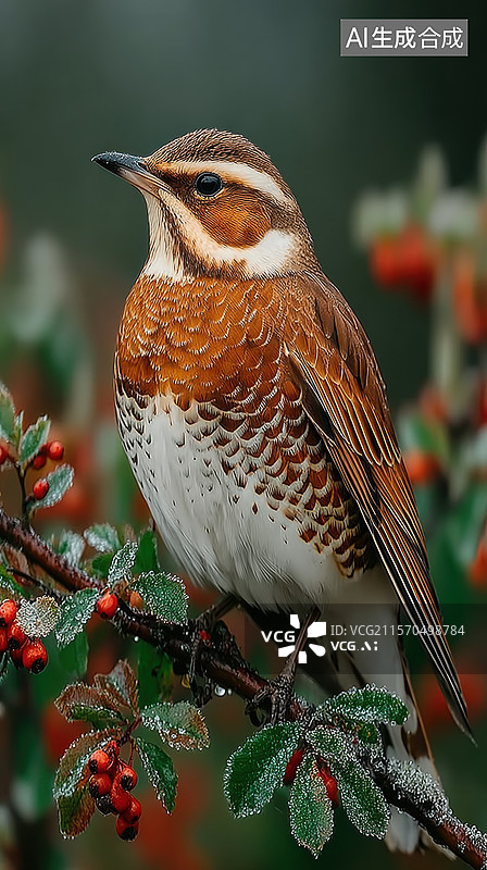【AI数字艺术】鸟儿栖息在带浆果的树枝上图片素材