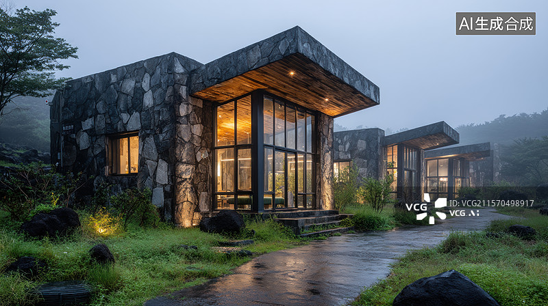 【AI数字艺术】现代石屋夜景图片素材