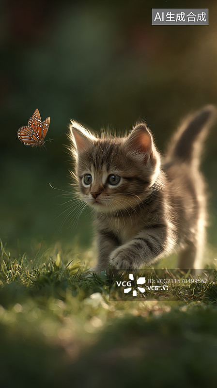 【AI数字艺术】小猫与蝴蝶在草地上图片素材