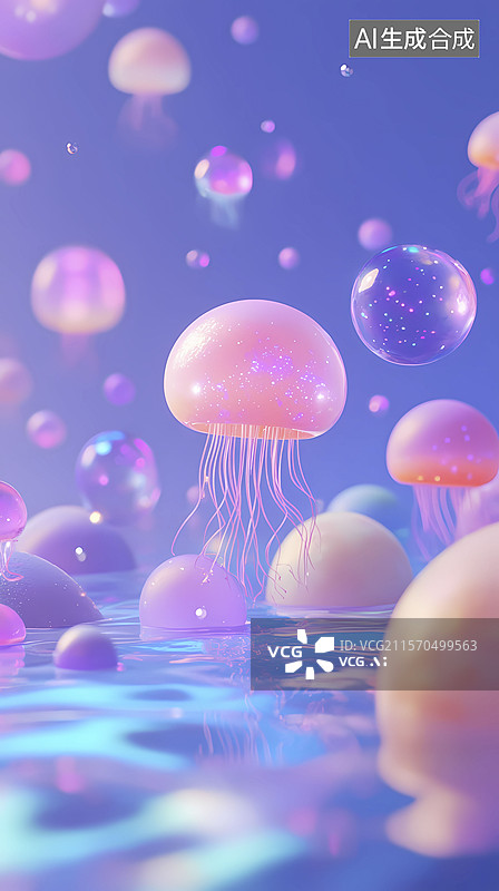 【AI数字艺术】数码科技蓝紫色水母海底世界插画海报背景图片素材