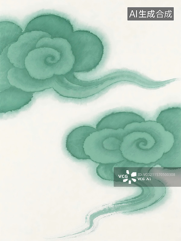 【AI数字艺术】绿色祥云图案在白色背景上飘动，形成柔和的曲线和螺旋形图片素材