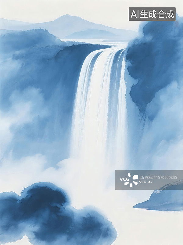 【AI数字艺术】瀑布从高山倾泻而下，周围云雾缭绕，形成一幅宁静而壮丽的自然景象图片素材