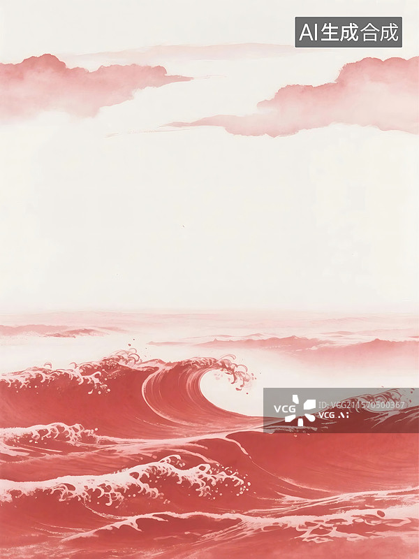 【AI数字艺术】红色海浪翻滚，天空云层缥缈，整体色调柔和，充满梦幻氛围图片素材