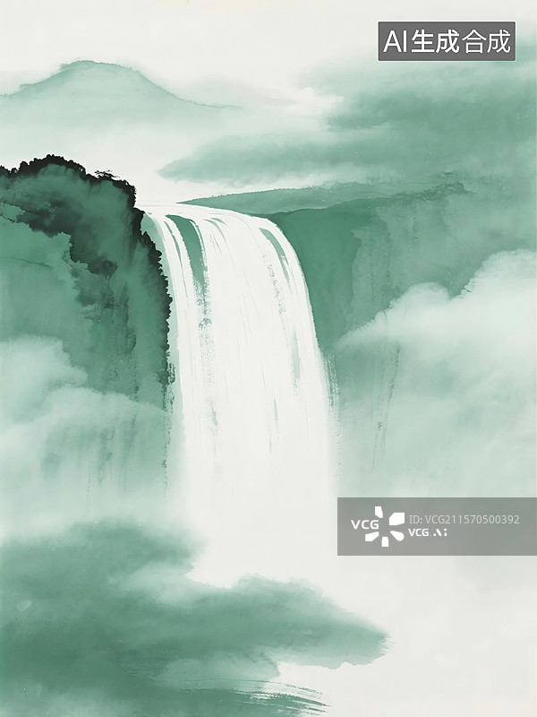 【AI数字艺术】瀑布从悬崖倾泻而下，周围云雾缭绕，山峦隐约可见，展现出自然壮丽景观图片素材