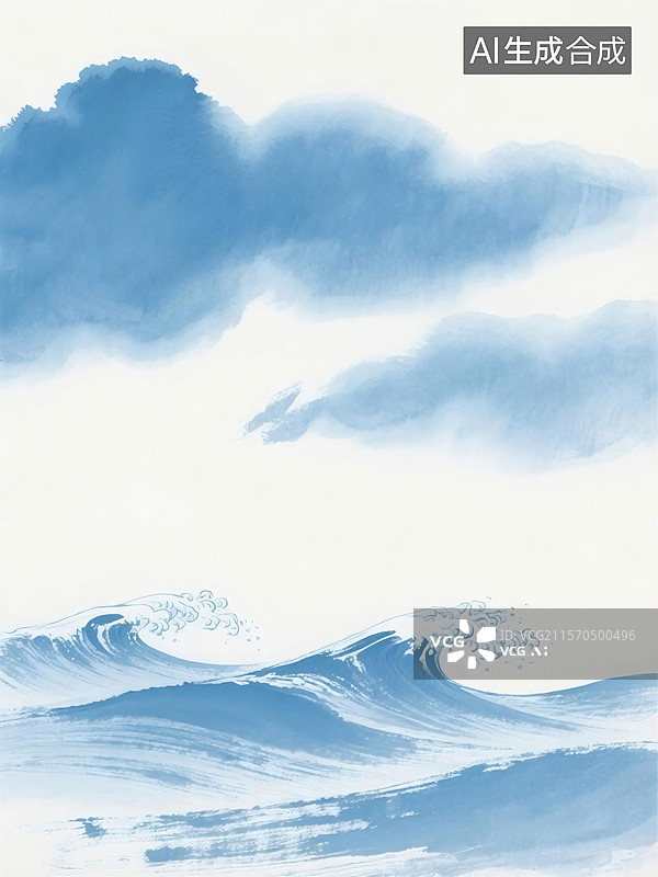 【AI数字艺术】蓝色水墨画描绘海浪翻滚与云层缭绕，展现自然景观的动态美图片素材