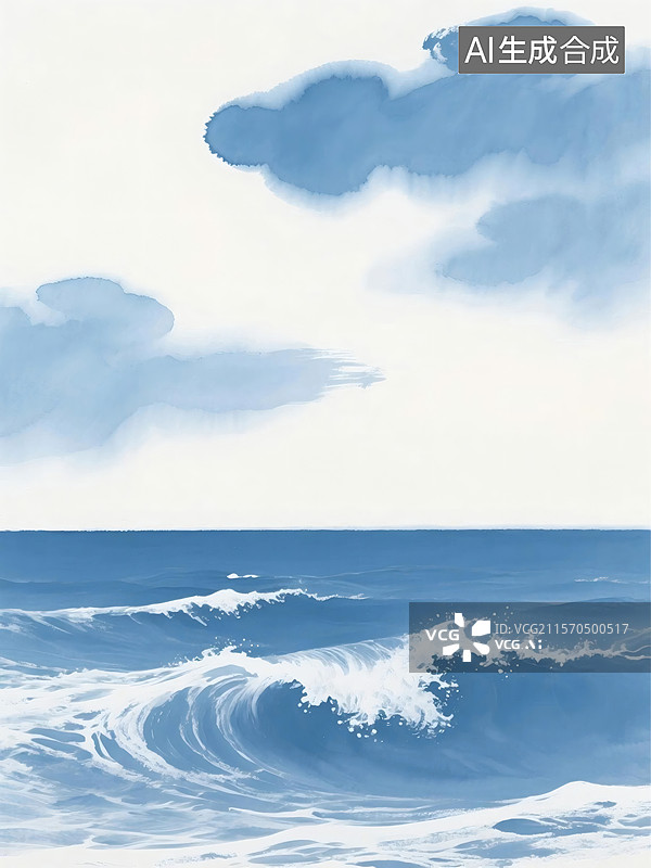 【AI数字艺术】海浪翻滚和云朵飘动的宁静海景图片素材