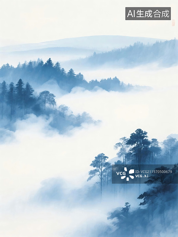 【AI数字艺术】雾气缭绕山林，树木若隐若现，营造出宁静神秘的氛围图片素材