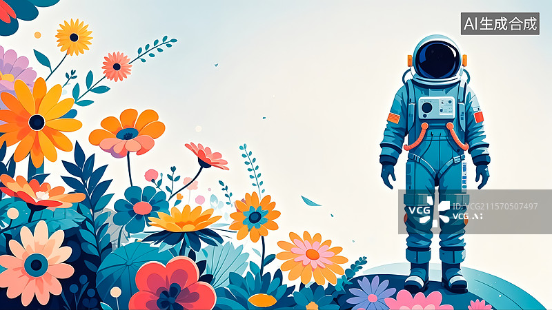 【AI数字艺术】花丛中的宇航员插画图片素材