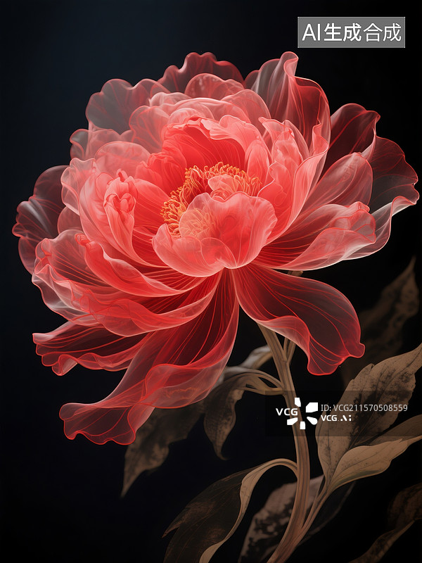 【AI数字艺术】深色背景，大红色透明薄纱质感，,逼真而又空灵,盛开的牡丹花，层层叠叠的，薄如蝉翼图片素材