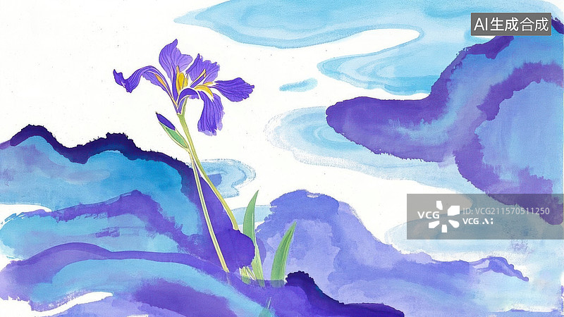 【AI数字艺术】紫色鸢尾花与山水画图片素材