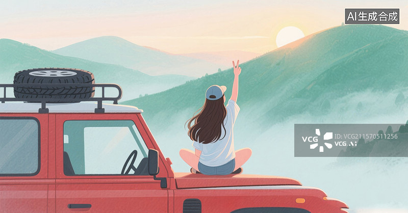 【AI数字艺术】坐在车顶上欣赏山景的女孩图片素材