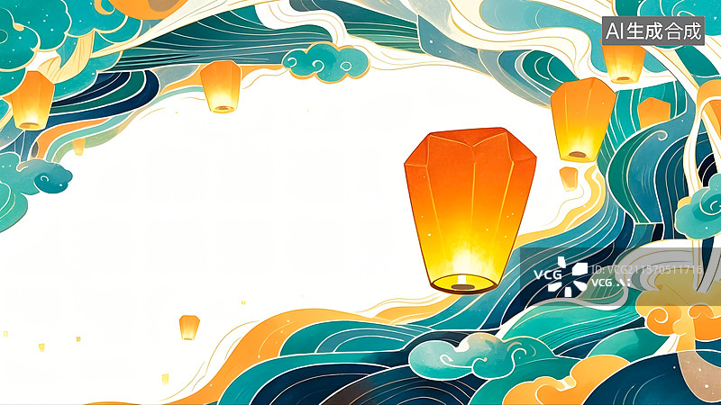 【AI数字艺术】国潮风格孔明灯插画图片素材
