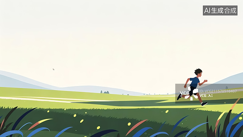 【AI数字艺术】草原上跑步的男孩插画图片素材