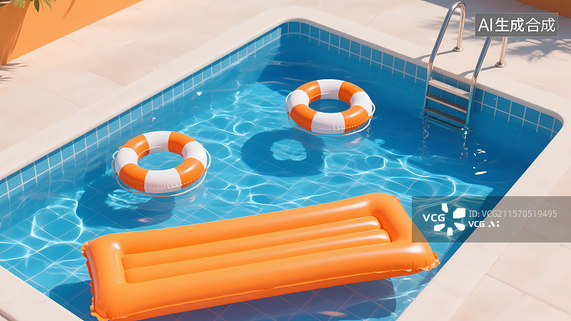 【AI数字艺术】夏日泳池和游泳圈3D插画图片素材