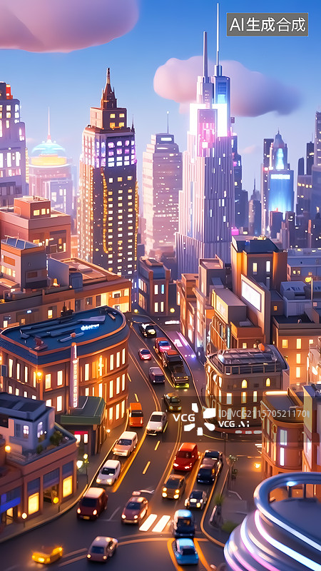 【AI数字艺术】夜幕下繁华城市的车流景观三维插画图片素材