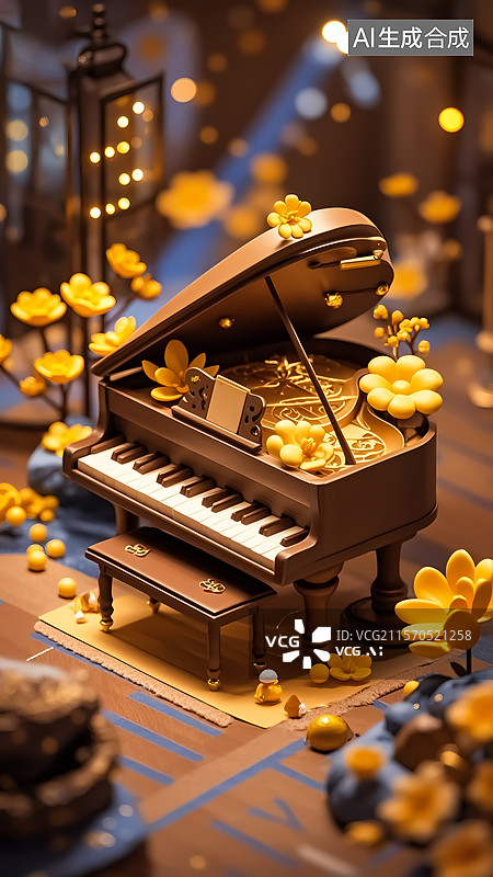 【AI数字艺术】华丽装饰的古典钢琴3D场景插画图片素材