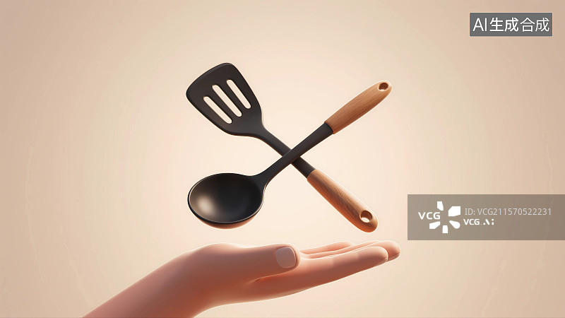 【AI数字艺术】手掌上的厨具3D插画图片素材