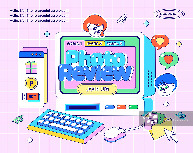 商业活动，贴纸，购物中心，购物，评论，复古风格，电脑图片素材