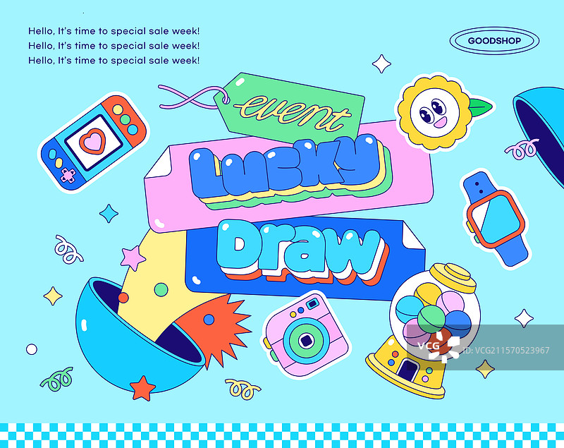 商业活动，折扣，贴纸，排版，购物中心，购物，复古风格，抽奖券，扭蛋玩具图片素材