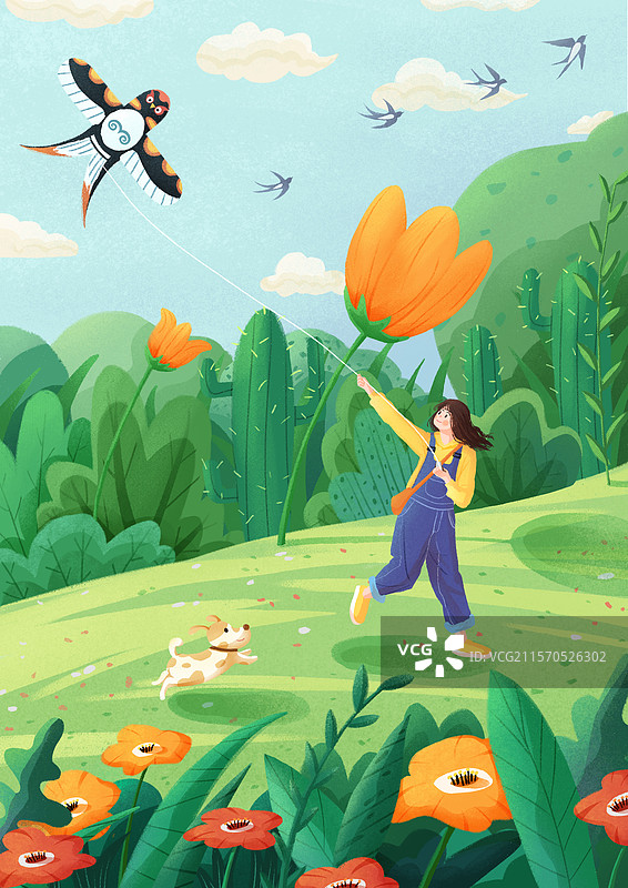扁平风插画——放风筝图片素材