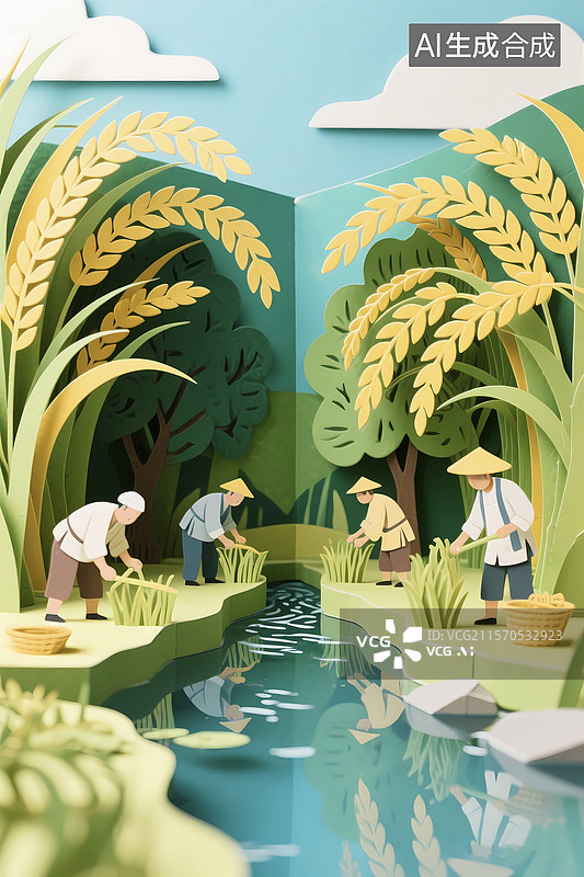 【AI数字艺术】立体剪纸纸雕丰收水稻农民夏天节气图片素材