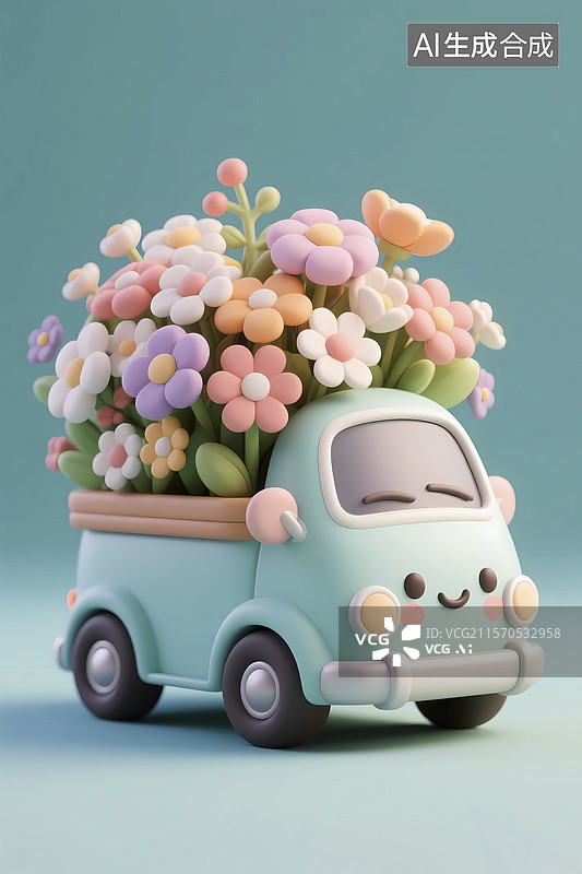 【AI数字艺术】卡通3d小花车清新夏天花铺图片素材