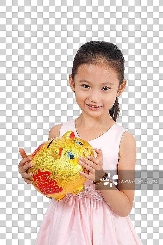 棚拍穿裙子的小女孩拿着储蓄罐图片素材