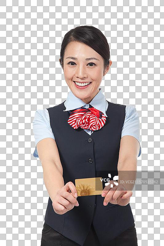 棚拍年轻女服务员展示银行卡图片素材