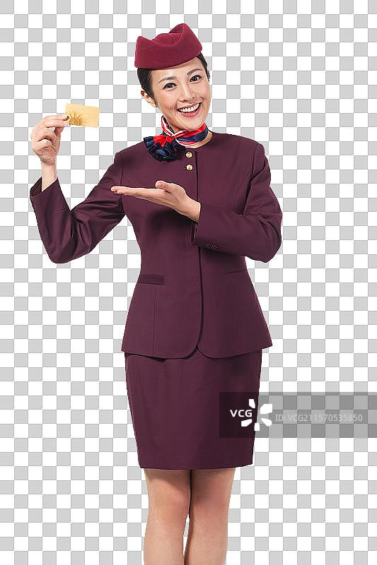 棚拍年轻女服务员展示银行卡图片素材