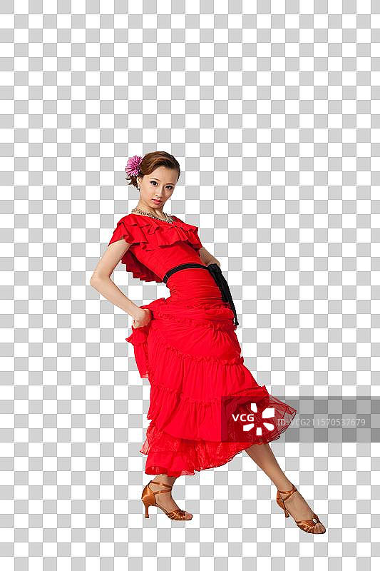 棚拍穿红色连衣裙跳舞的年轻女人图片素材