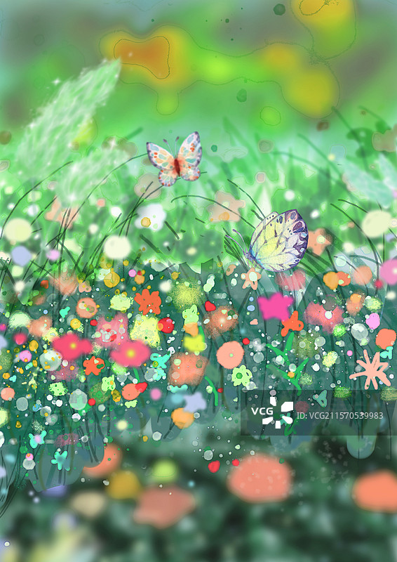 板绘大大自然莫兰花园公园野花种植春天植物园花园一角背景插画插图书插装饰画图片素材