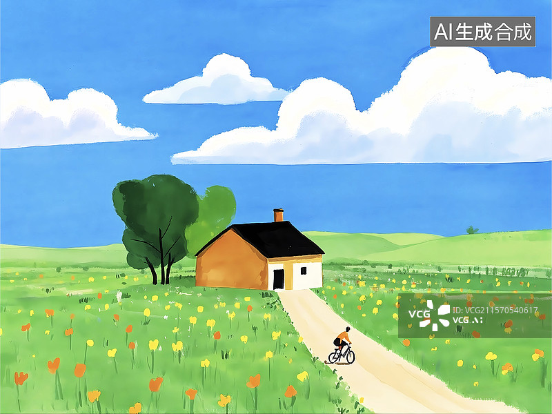 【AI数字艺术】宫崎骏童话风清新夏天蓝天插画图片素材