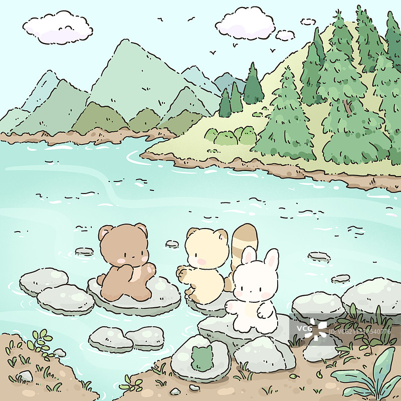 河边春游的可爱小动物们插画图片素材